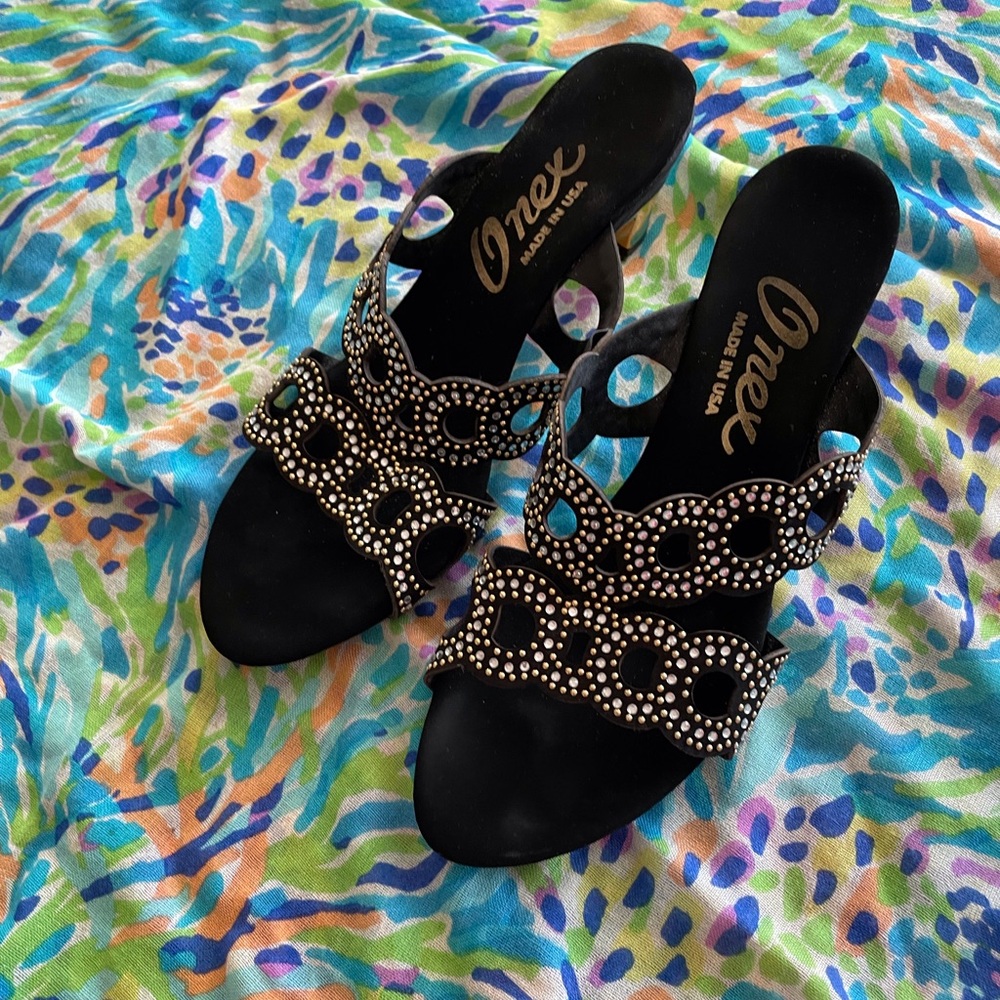 Onyx heeled sandals. Size 8. GORGEOUS rhinestones/gold accent studs.